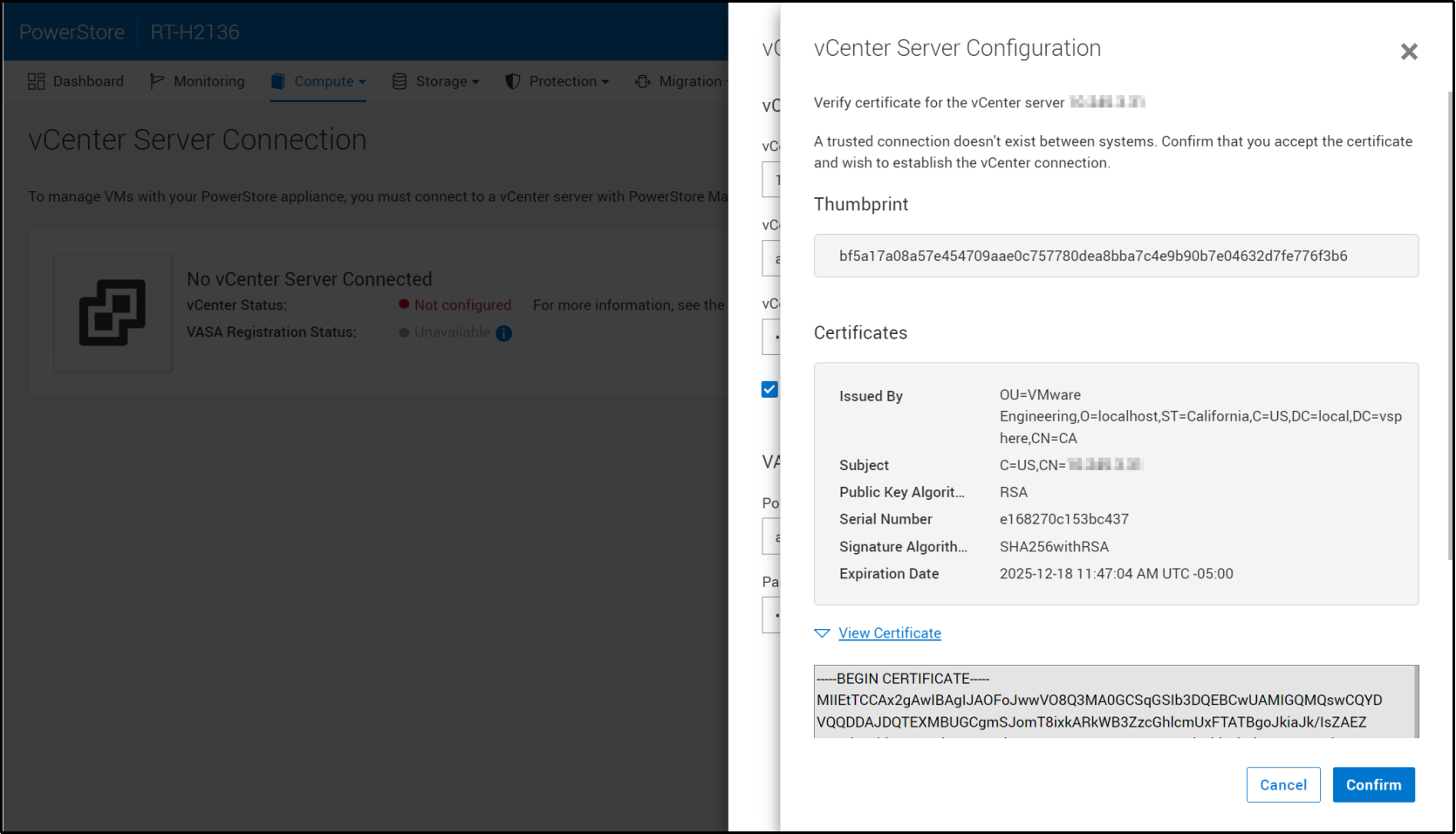 A screenshot of PowerStore Manager  showing certificate details that were retrieved from the vCenter.