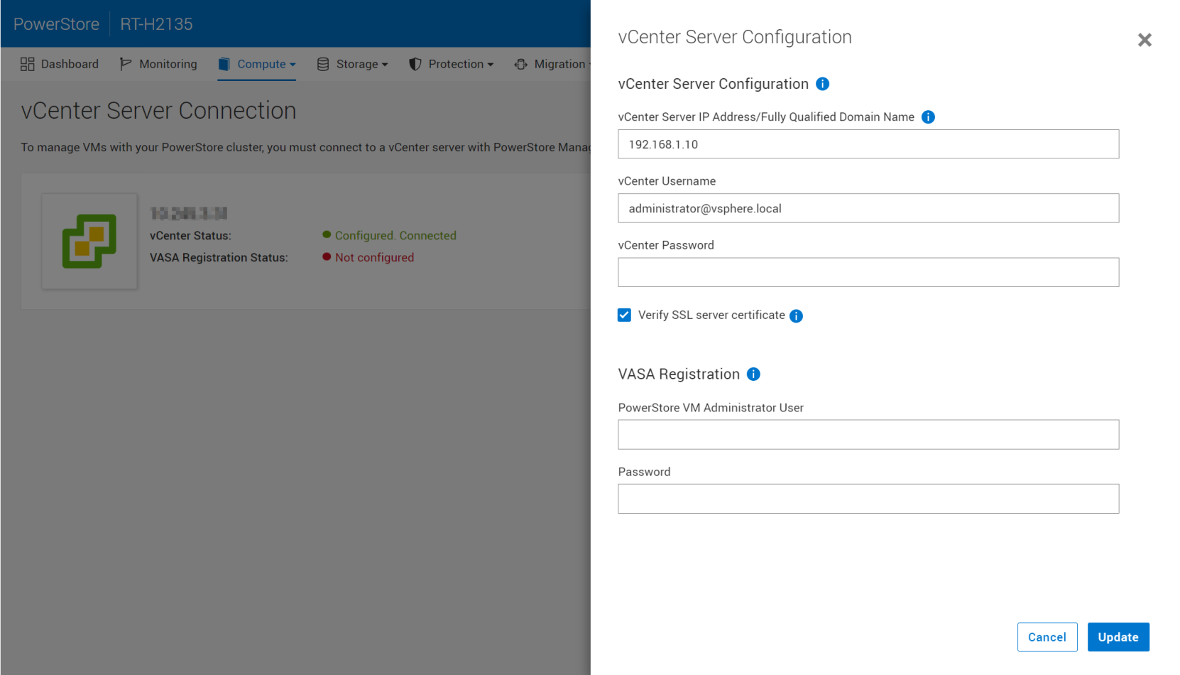 A screenshot of PowerStore Manager showing the dialog box for updating the vCenter connection.