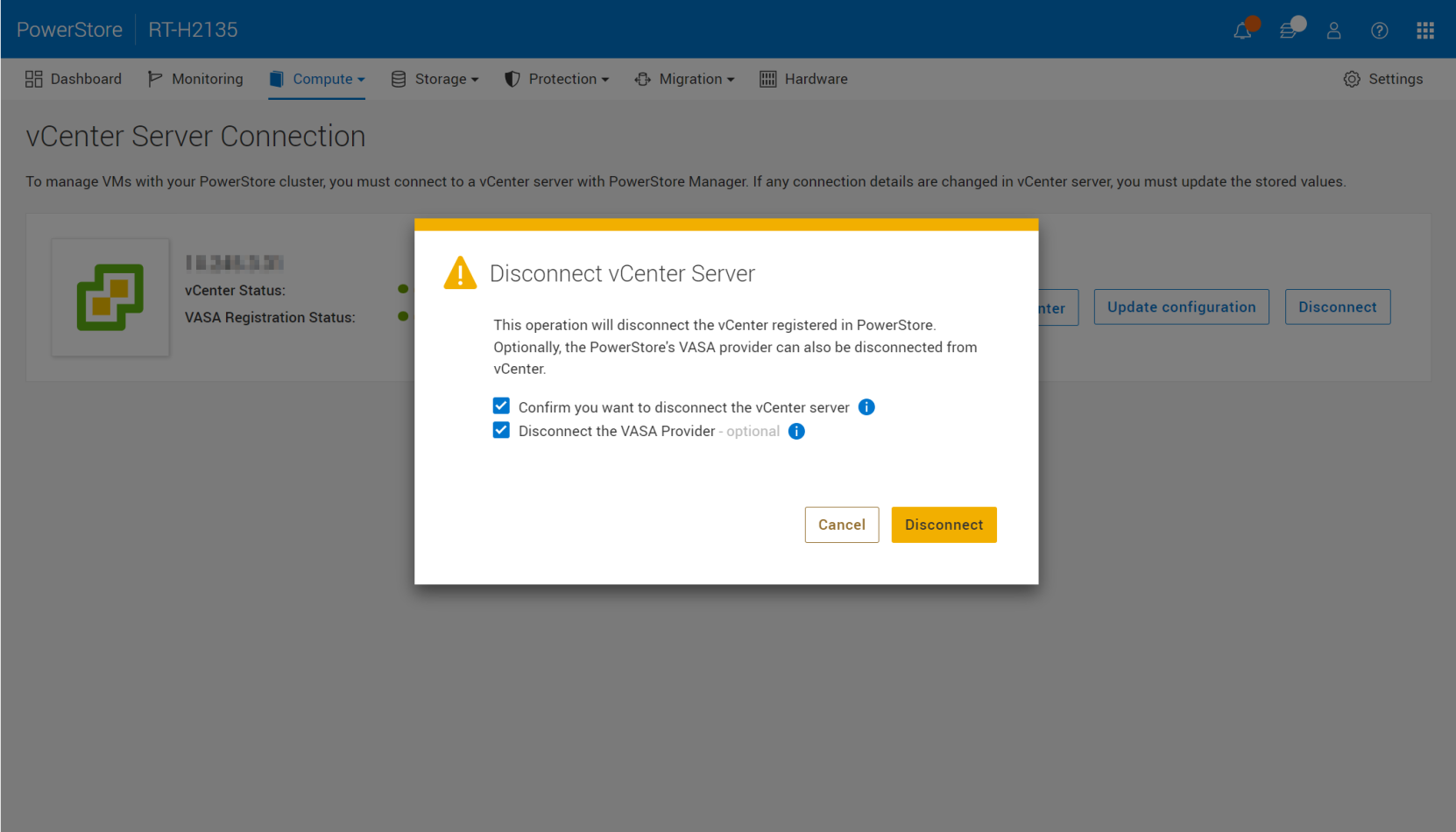 A screenshot of PowerStore Manager showing the confirmation box for disconnecting a vCenter.