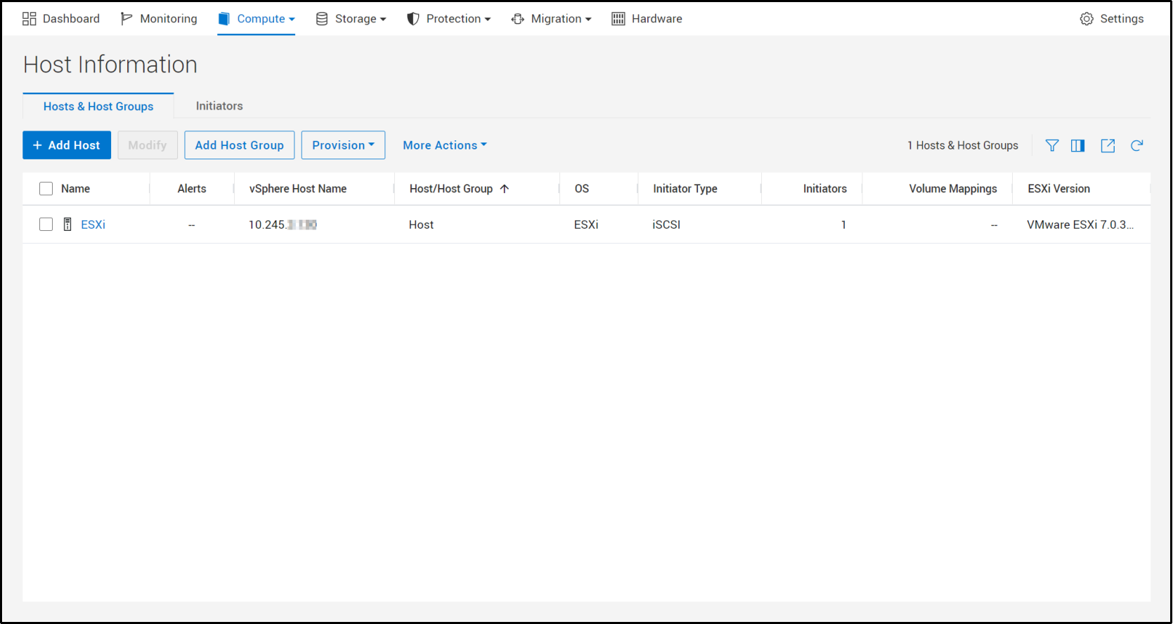 A screenshot of PowerStore Manager  showing the Hosts and Host Groups page, which includes columns for the vSphere Host Name and ESXi version.