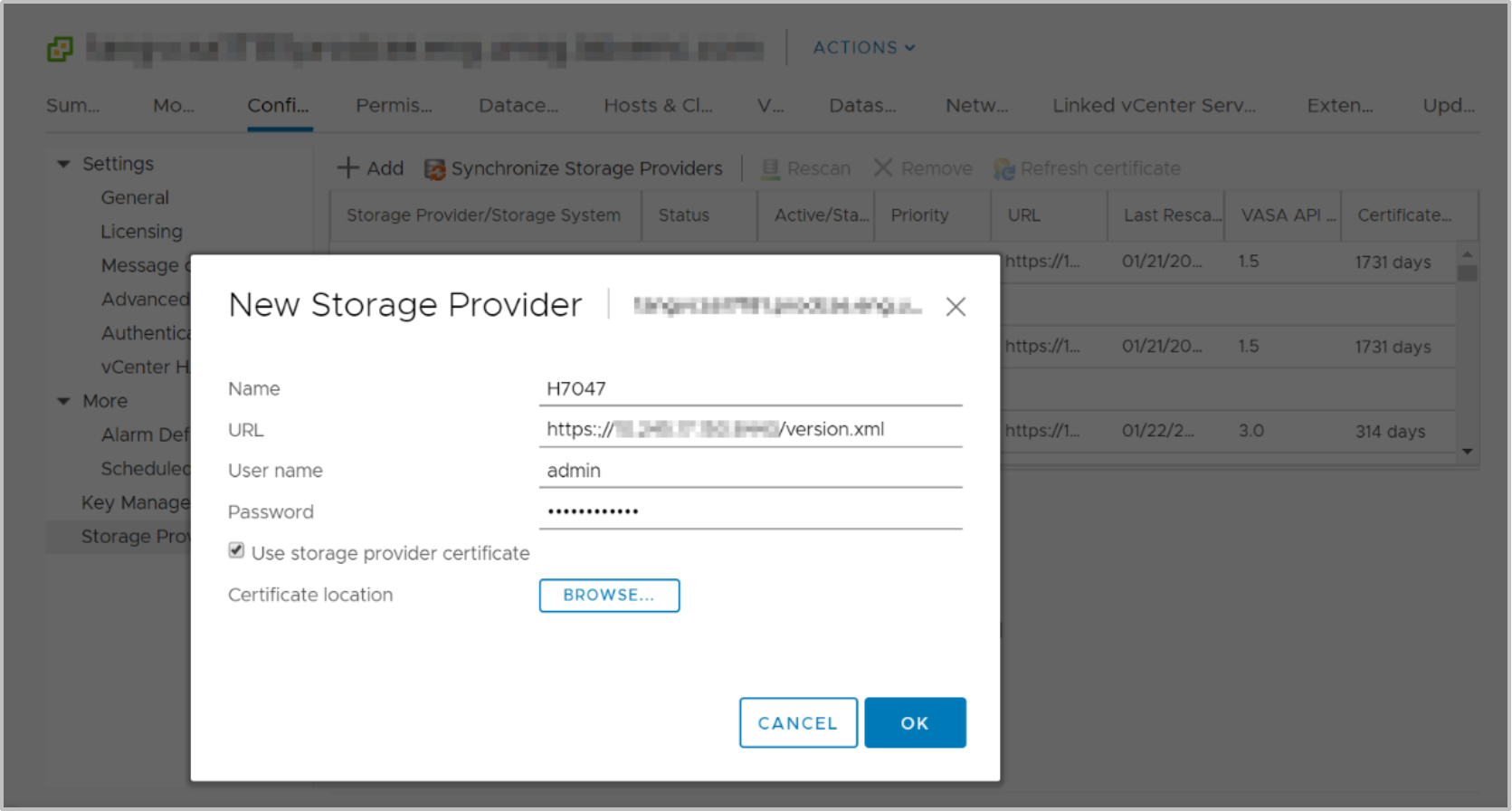 A screenshot of vCenter showing the new VASA provider registration form.