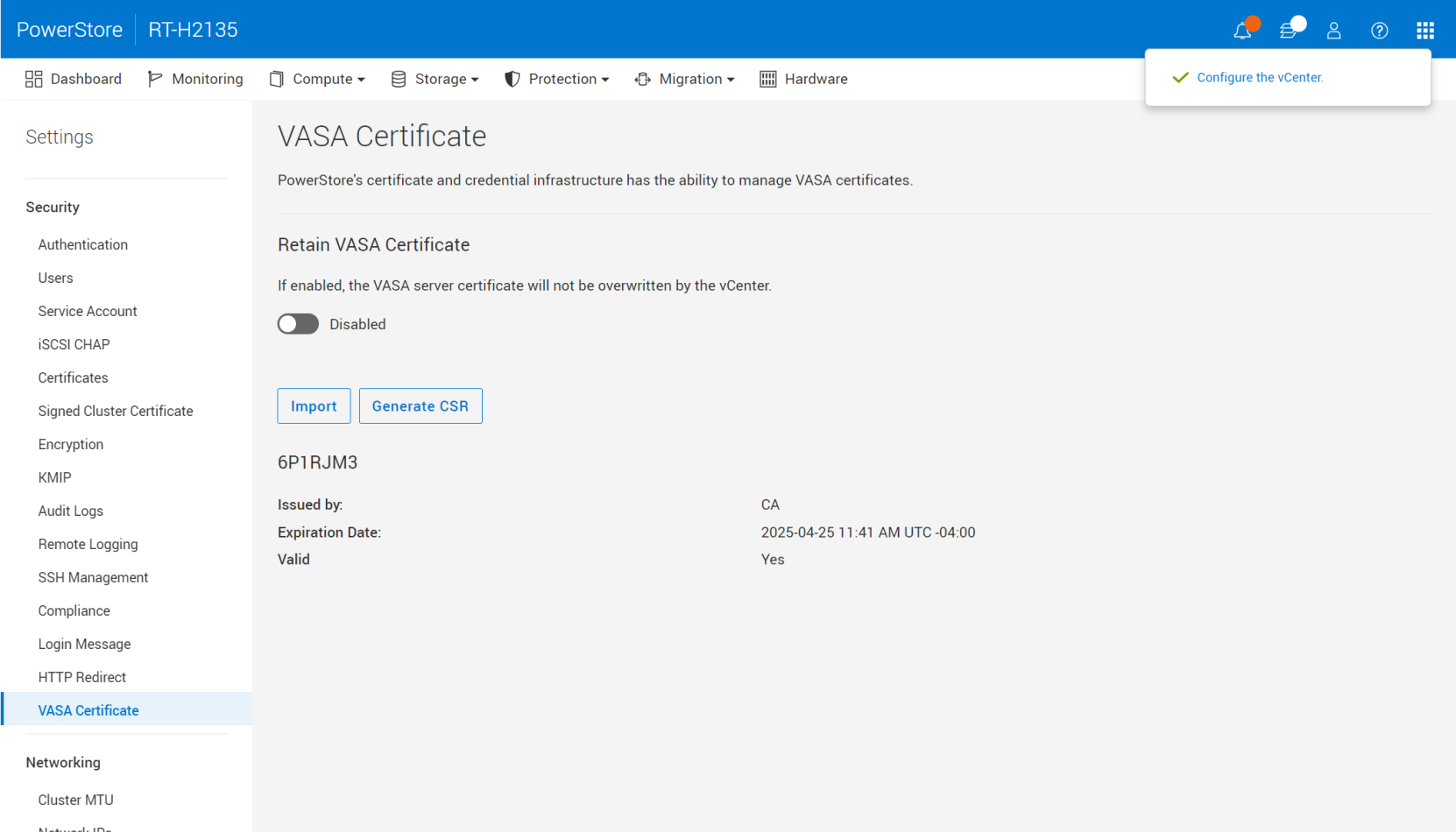 A screenshot of PowerStore Manager that shows the VASA certificate screen.