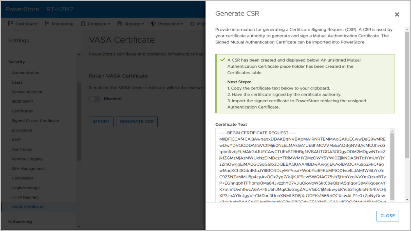 A screenshot of PowerStore Manager showing the Generate CSR page, which includes instructions and the certificate text.