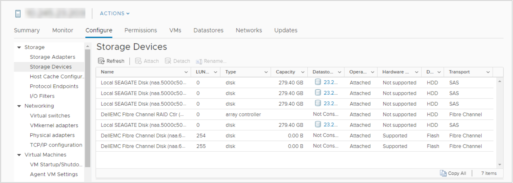 A screenshot of vCenter showing the Storage Devices page, including the two protocol endpoints with LUN IDs 254 and 255.