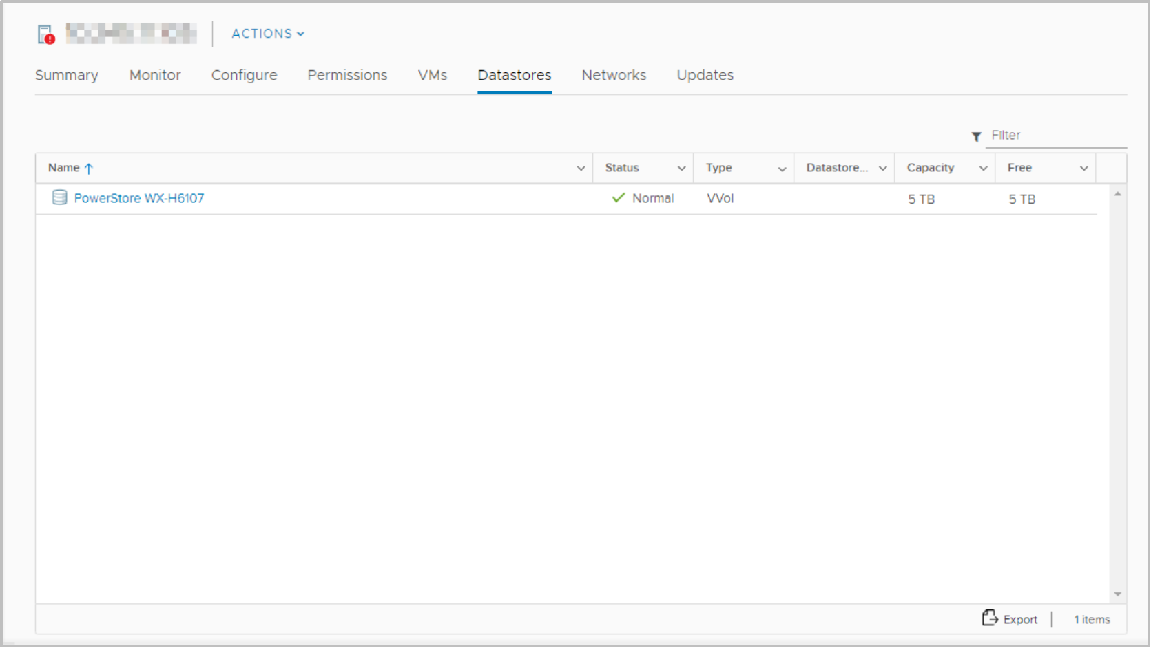 A screenshot of vCenter showing the mounted PowerStore vVol datastore that has a quota applied.