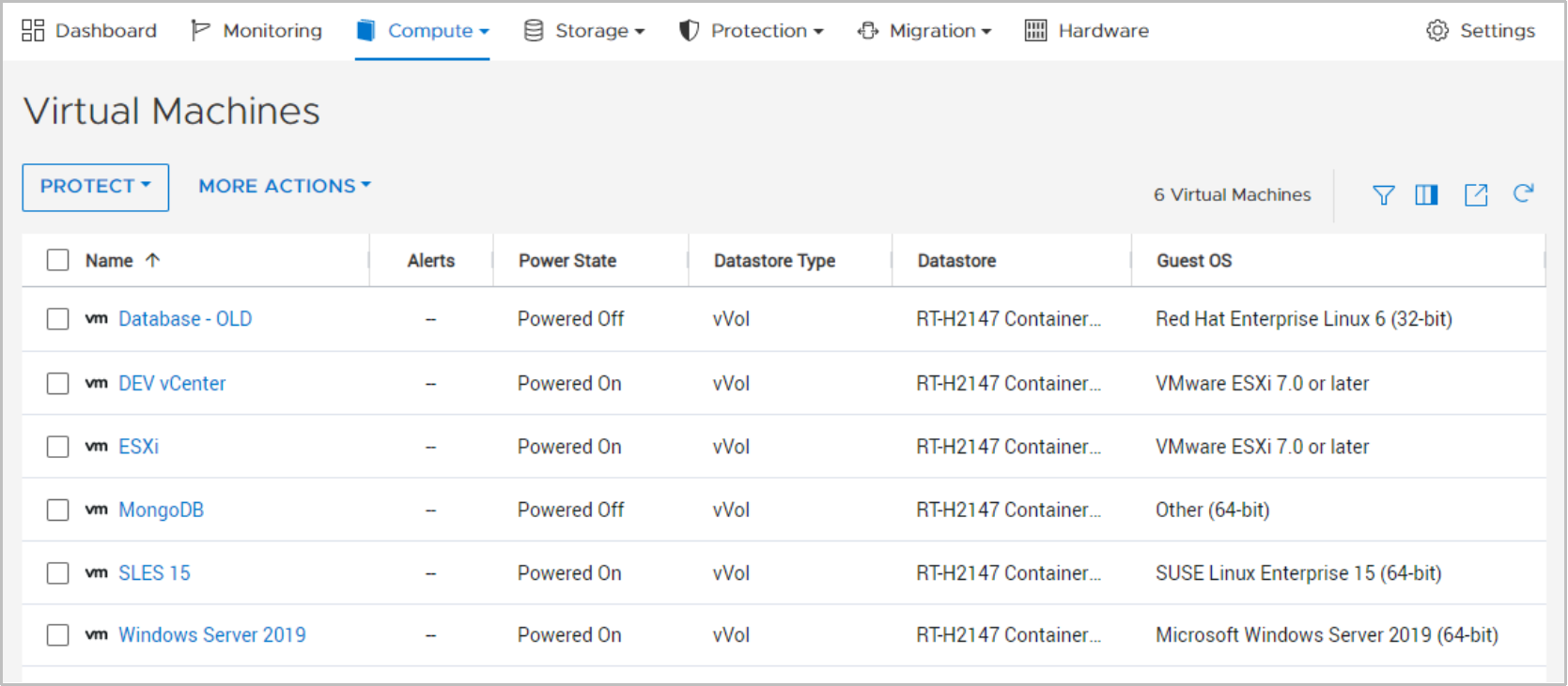 A screenshot of PowerStore Manager showing the list of Virtual Machines along with their status and other details.