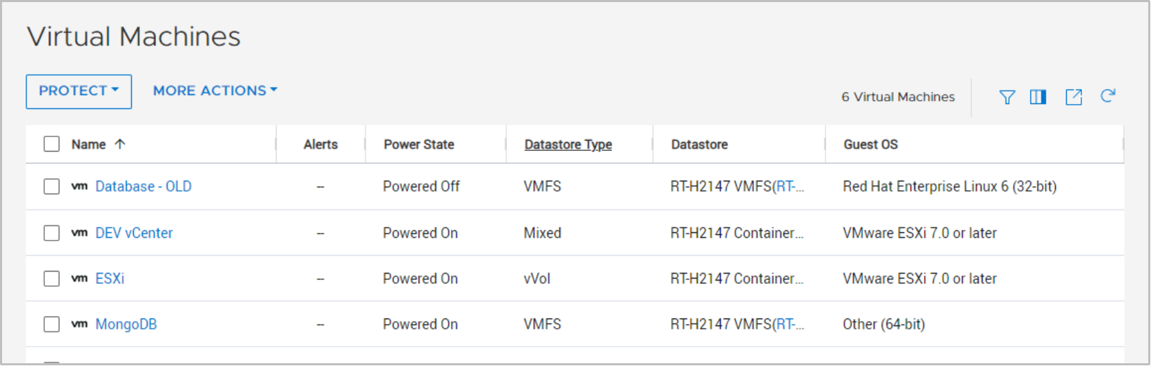 A screenshot of PowerStore Manager showing the Virtual Machines page with the datastore type column.