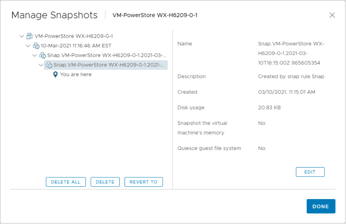 A screenshot of vCenter showing a VM's manual and scheduled snapshots that were created by PowerStore.