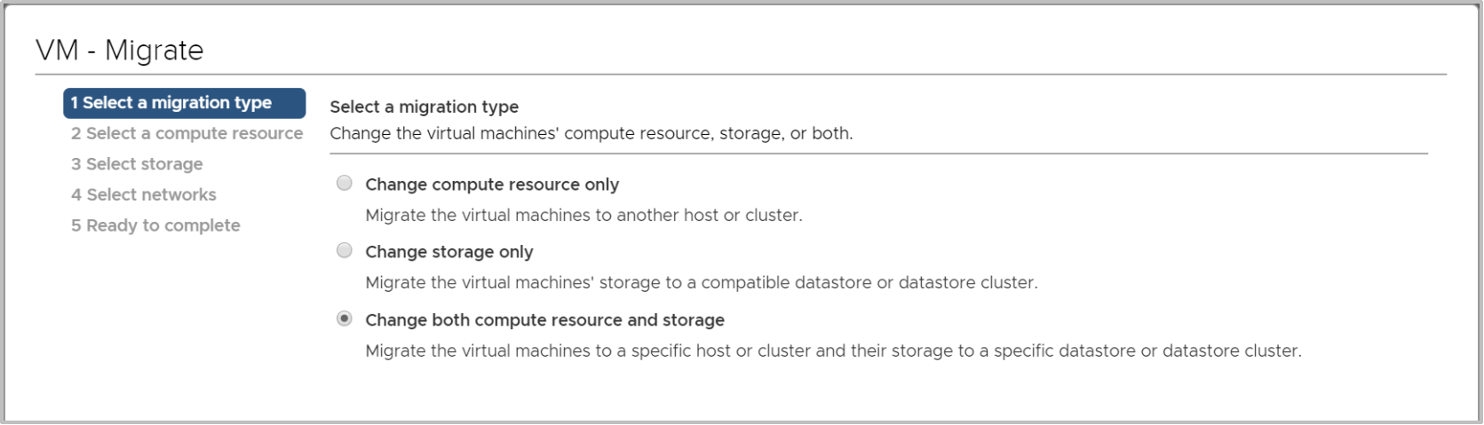 A screenshot of vCenter that shows the VM migration wizard to move a VM's compute and/or storage.