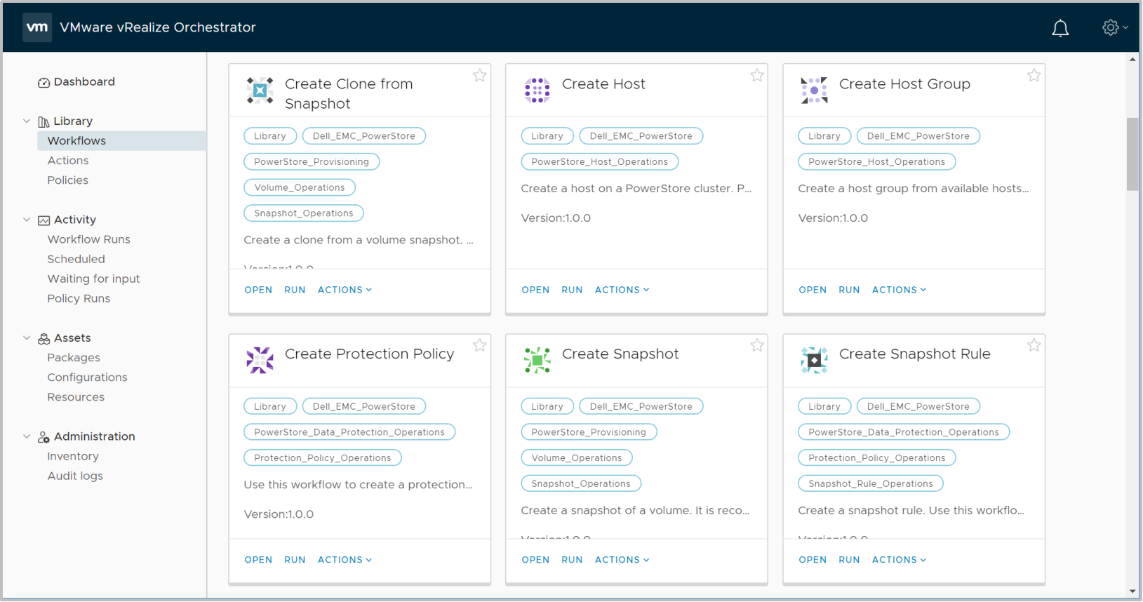 A screenshot of vRealize Orchestrator showing some of the available workflows for PowerStore.