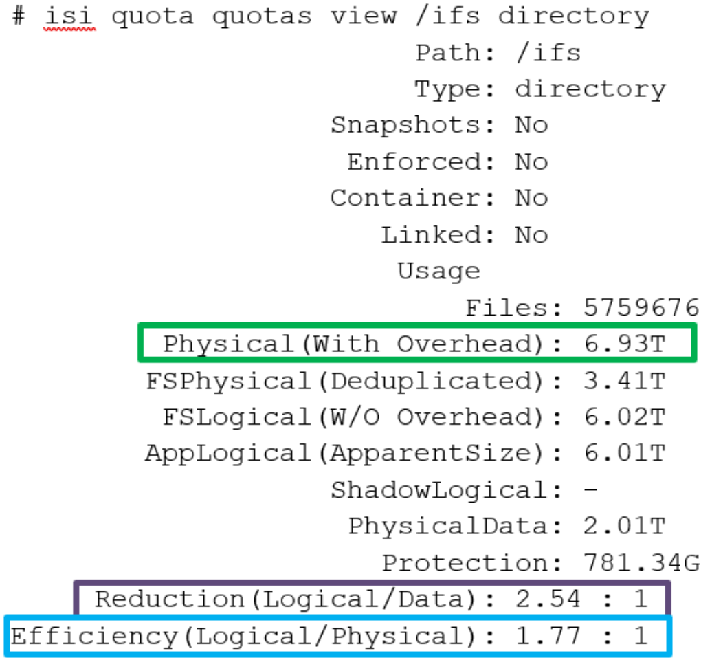 Example output from the 'isi quota quotas view' CLI command.