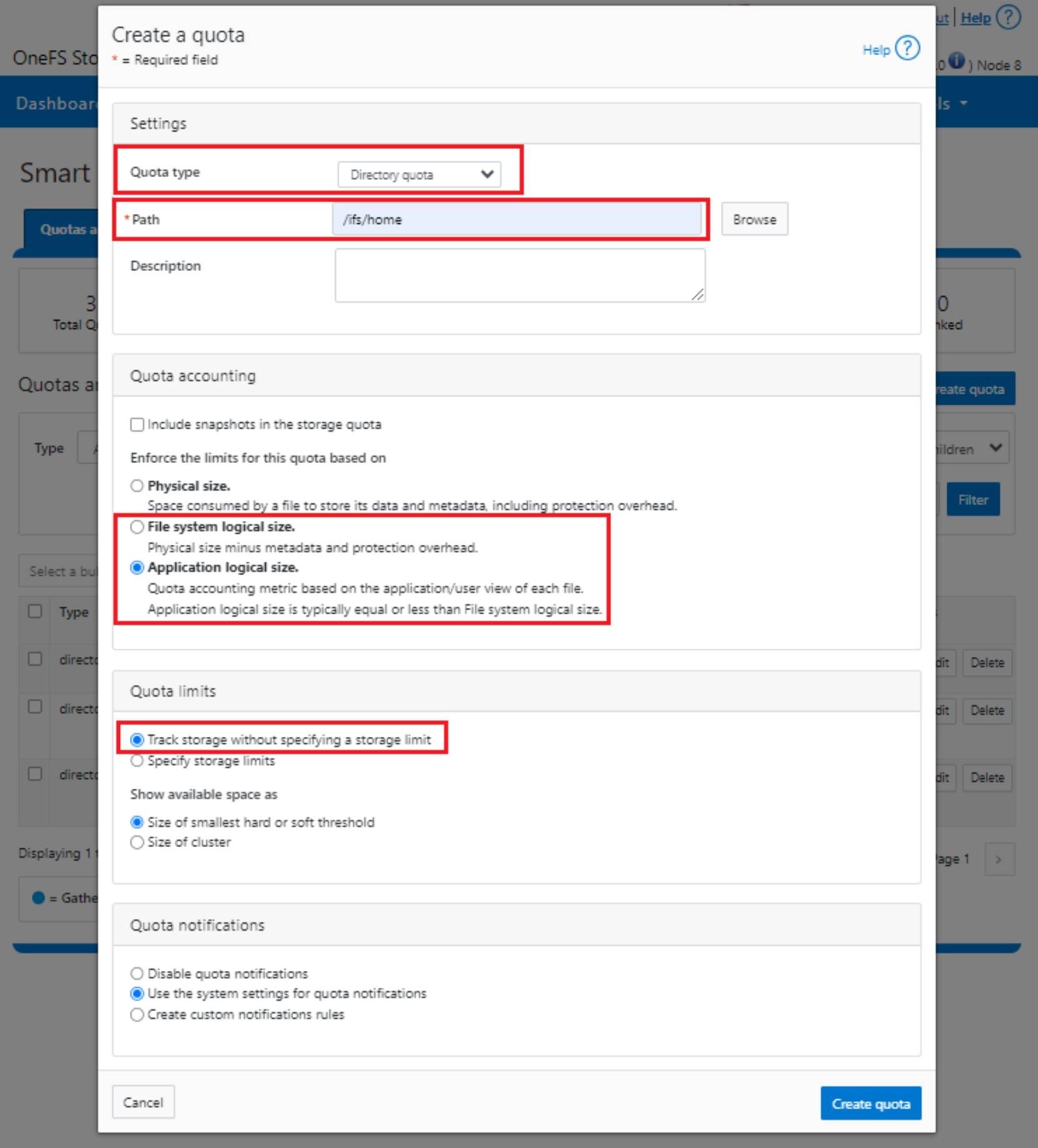 OneFS WebUI SmartQuotas Directory Quota Configuration screenshot.