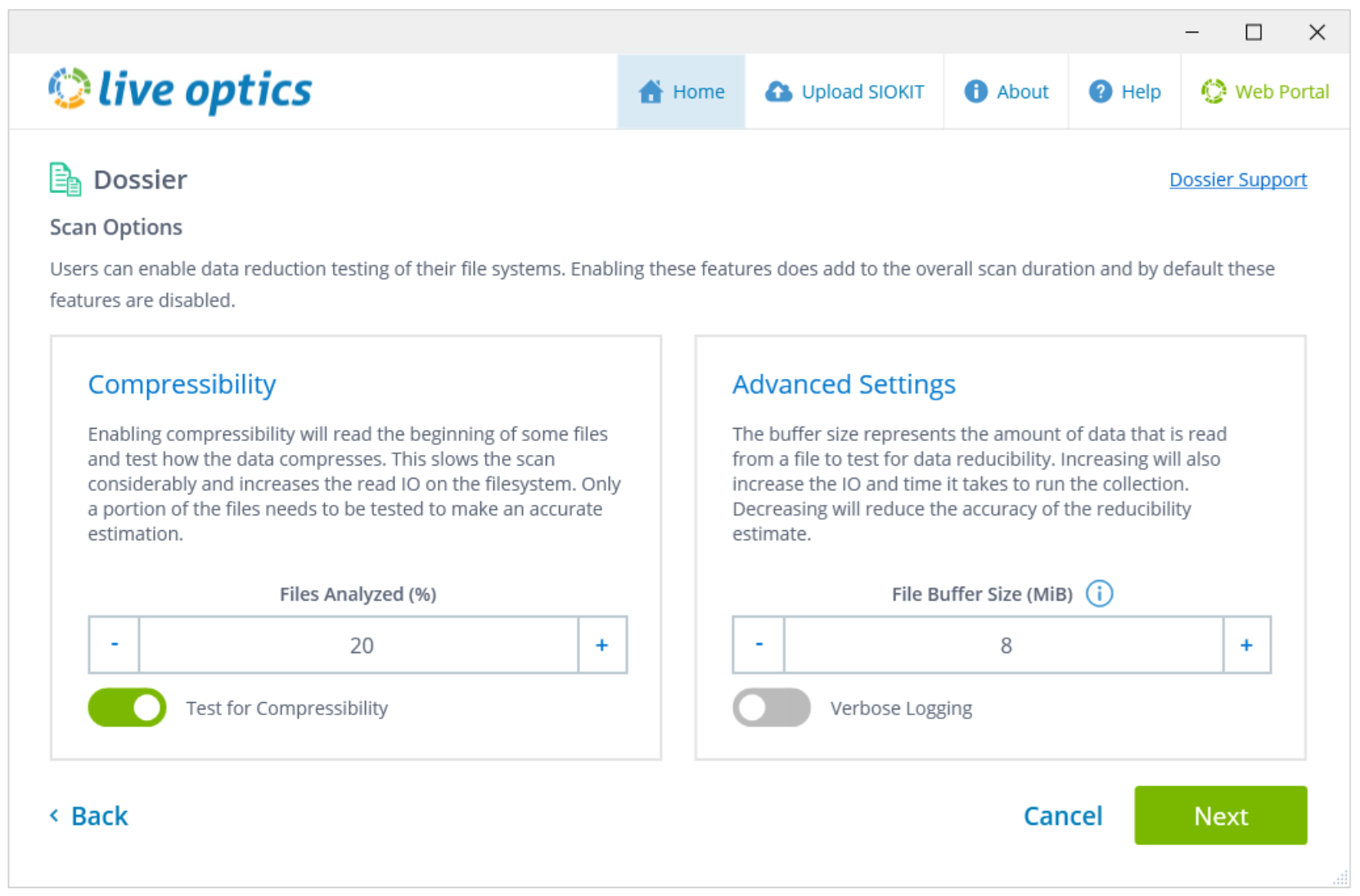 A screenshot showing Live Optics Dossier Compressibility and Advanced Settings scan options.