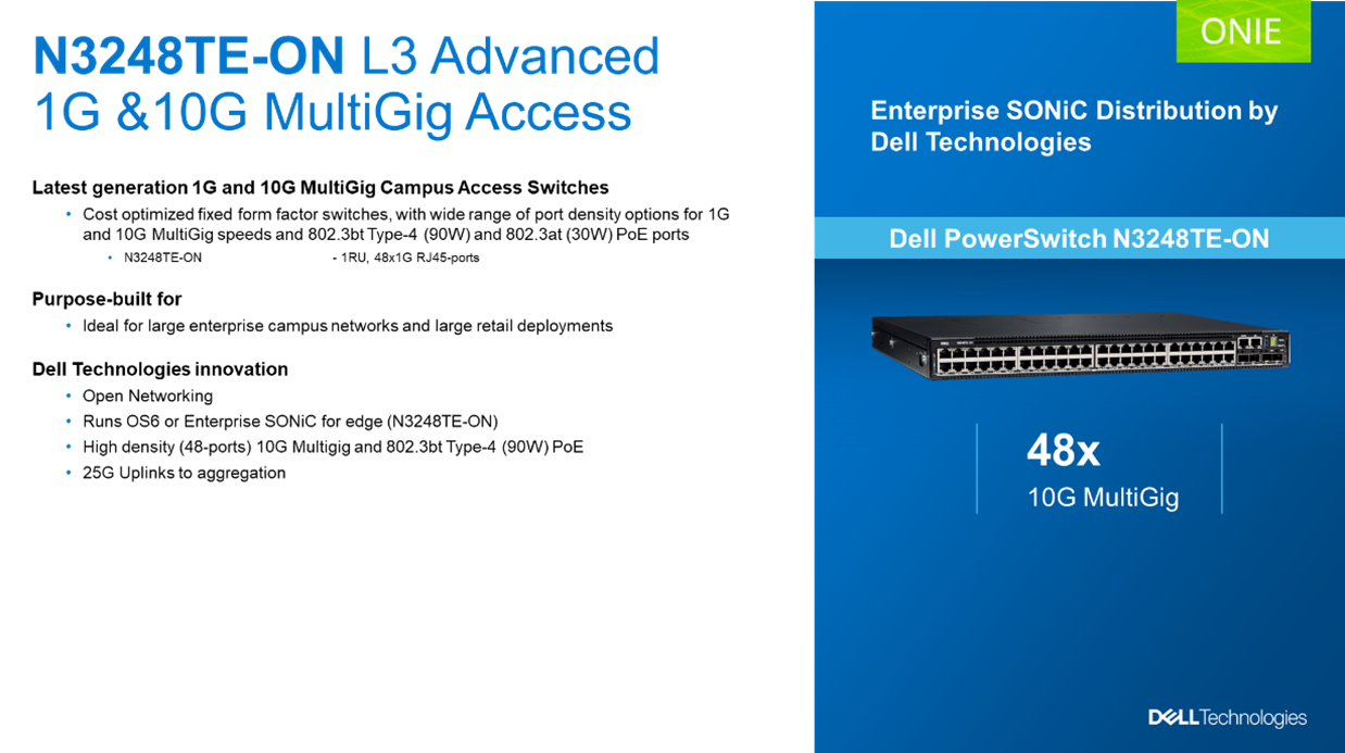 This figure shows the Dell PowerSwitch N3248TE-ON features and benefits.