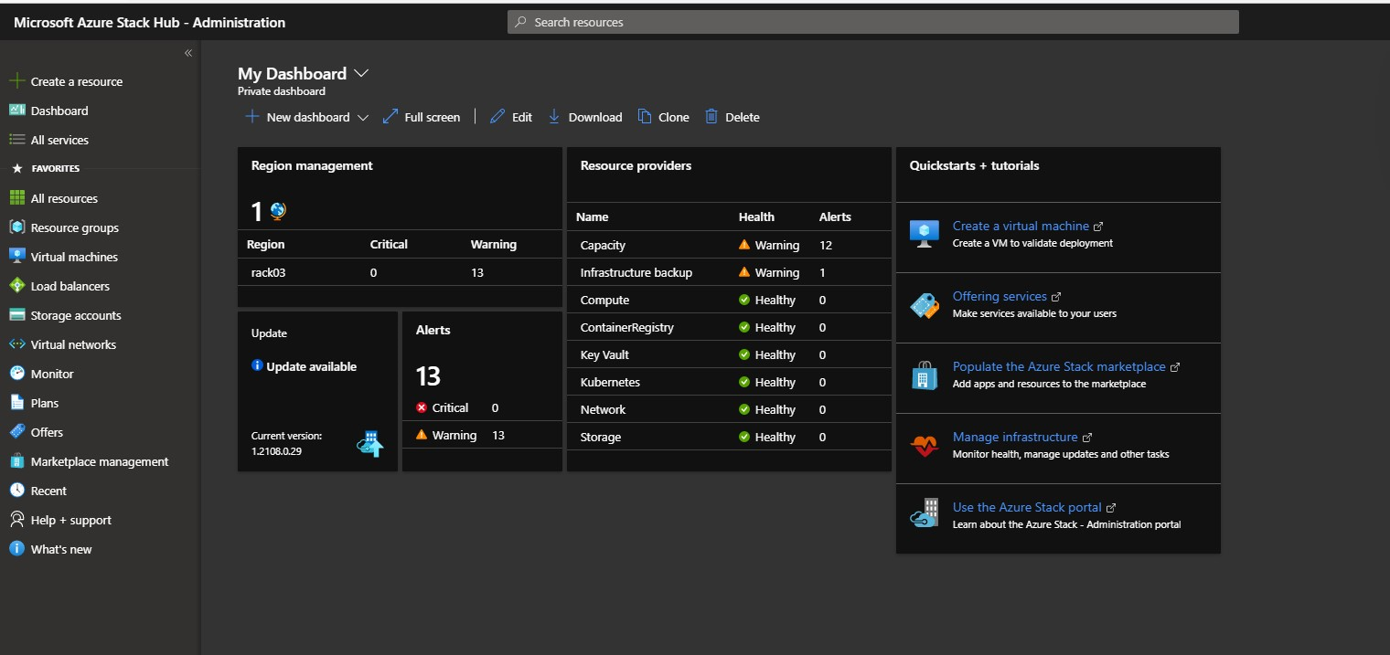 Example screenshot of an Azure Stack Hub Administration portal