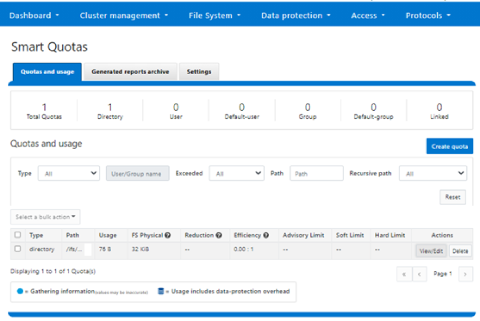 Screenshot showing OneFS SmartQuotas WebUI usage dashboard