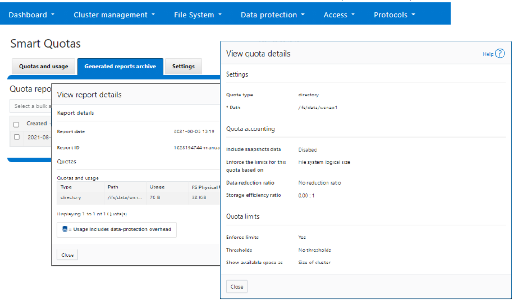 Screenshot showing OneFS SmartQuotas WebUI usage report.