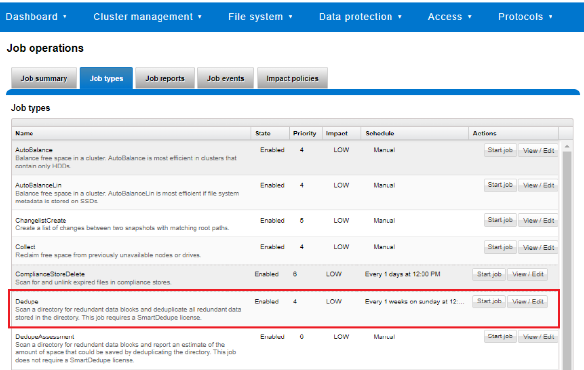 OneFS WebUI job engine screenshot showing SmartDedupe job control.