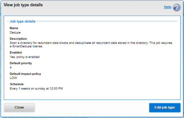 OneFS WebUI job engine screenshot showing SmartDedupe job details.