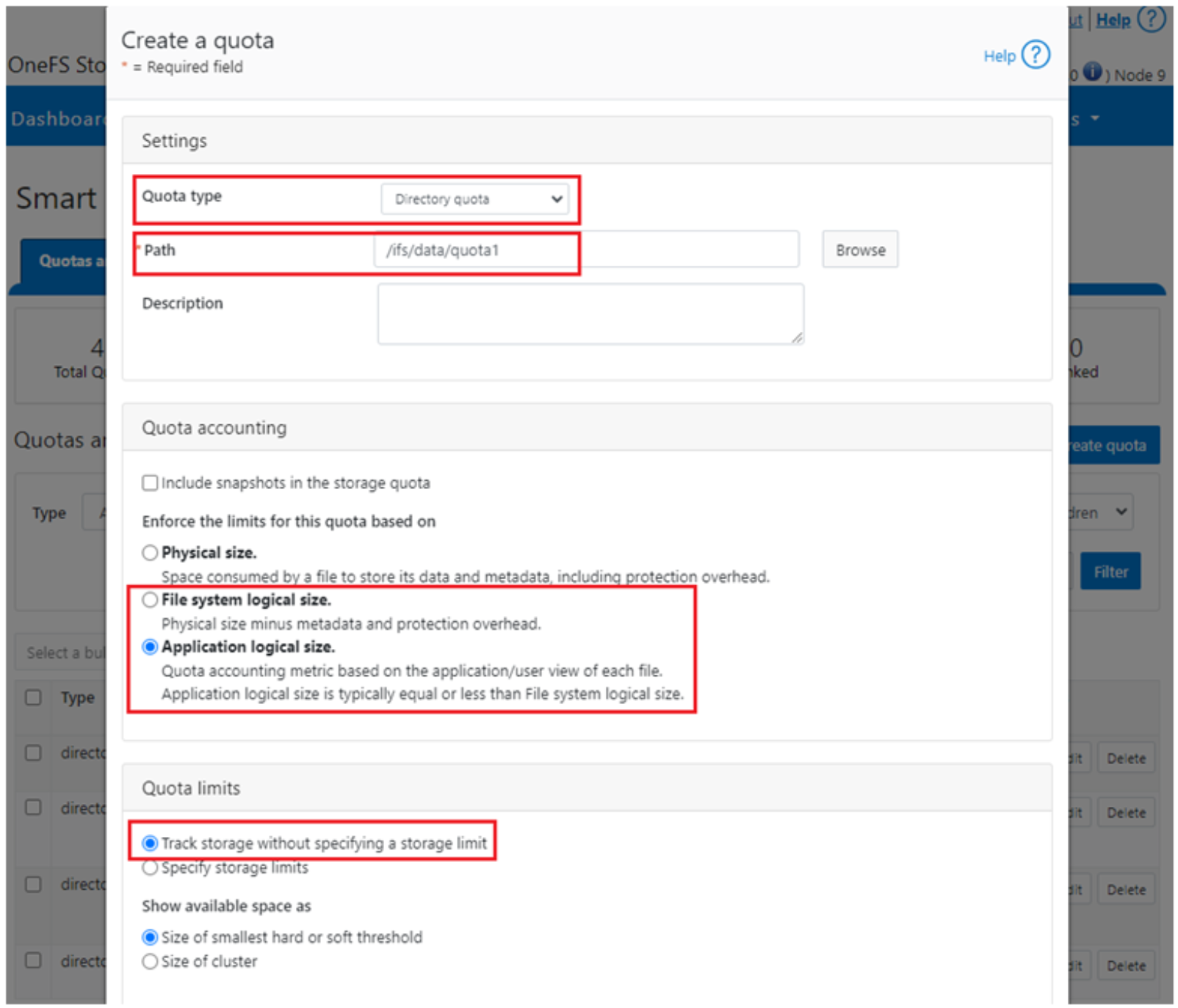 OneFS WebUI SmartQuotas directory quota configuration screenshot.