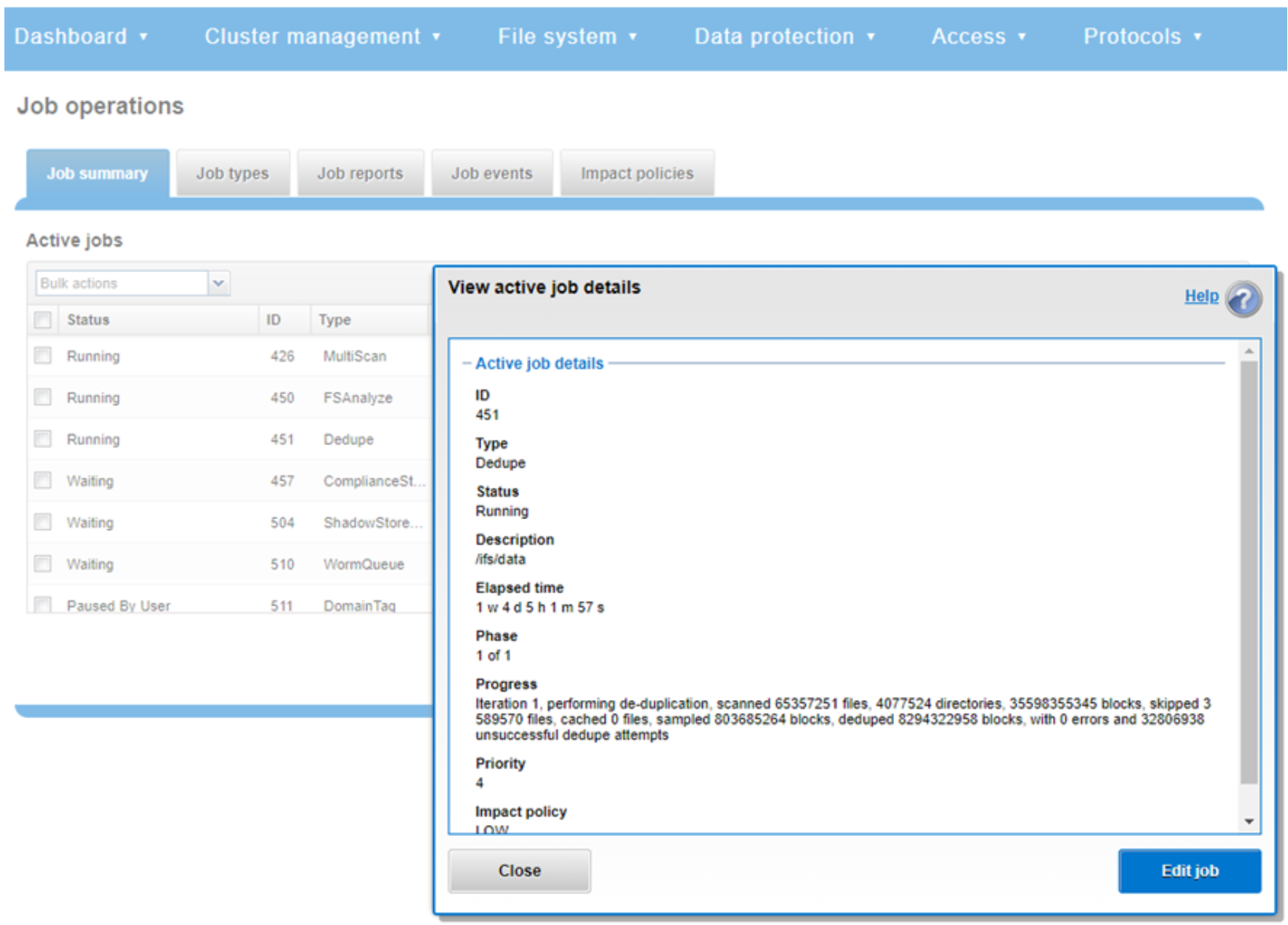 WebUI screenshot showing an example of an active job status update.