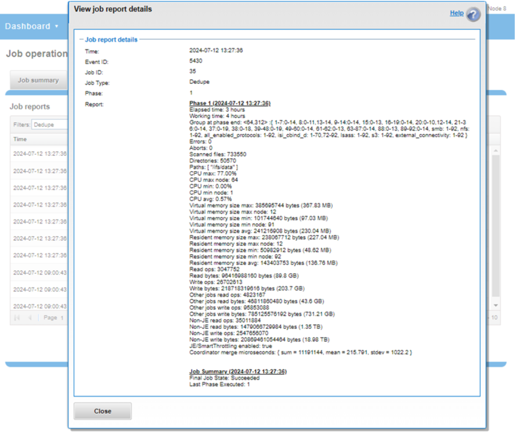 WebUI screenshot showing a deduplication job report.