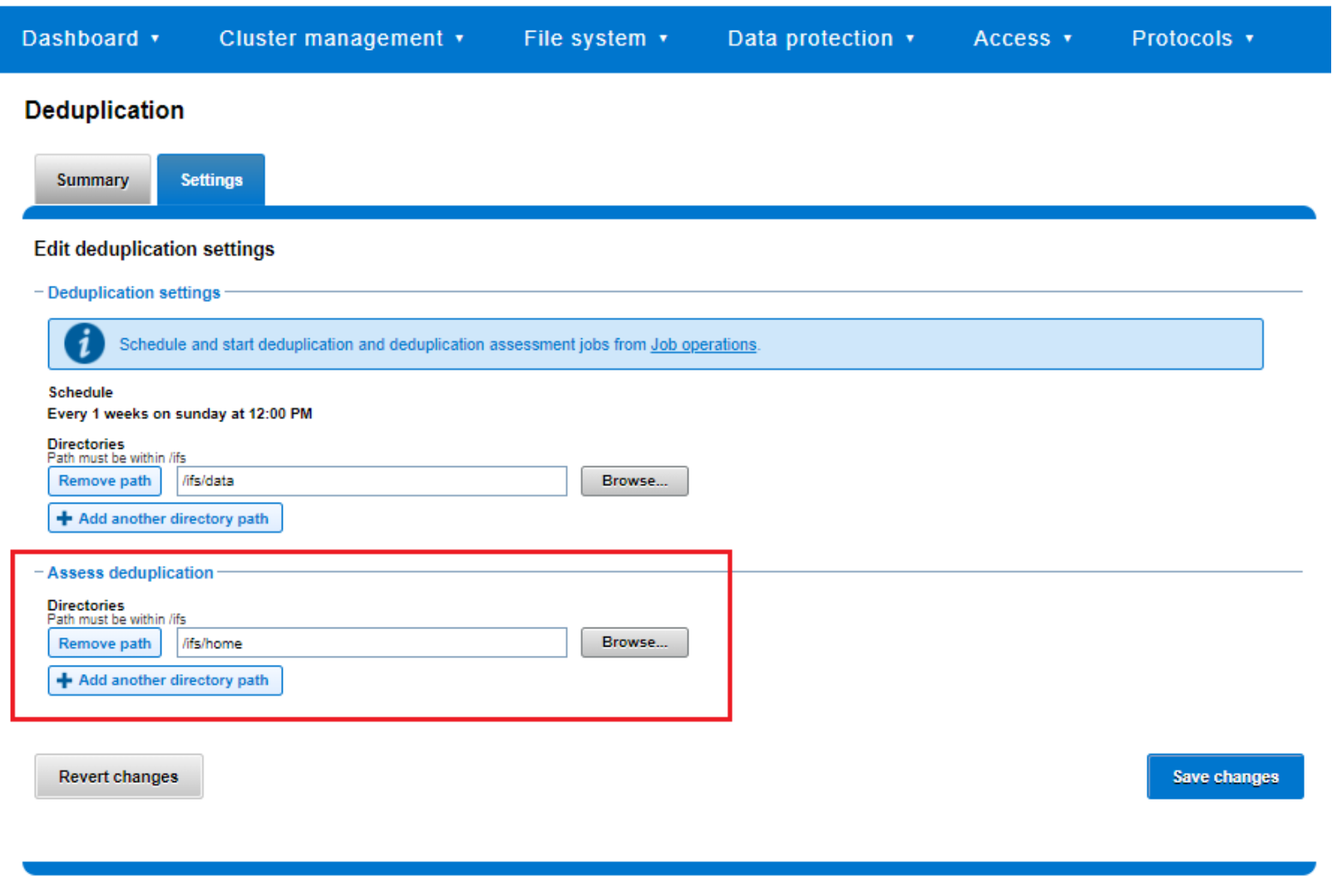 WebUI screenshot showing deduplication assessment job configuration.