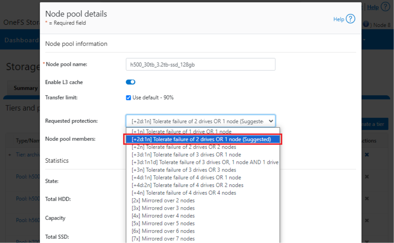 WebUI screenshot showing the OneFS recommended protection level for a node pool - in this case +2d:1n.