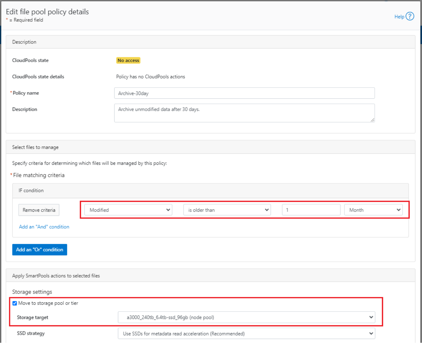 WebUI screenshot showing creation of a file pool policy.