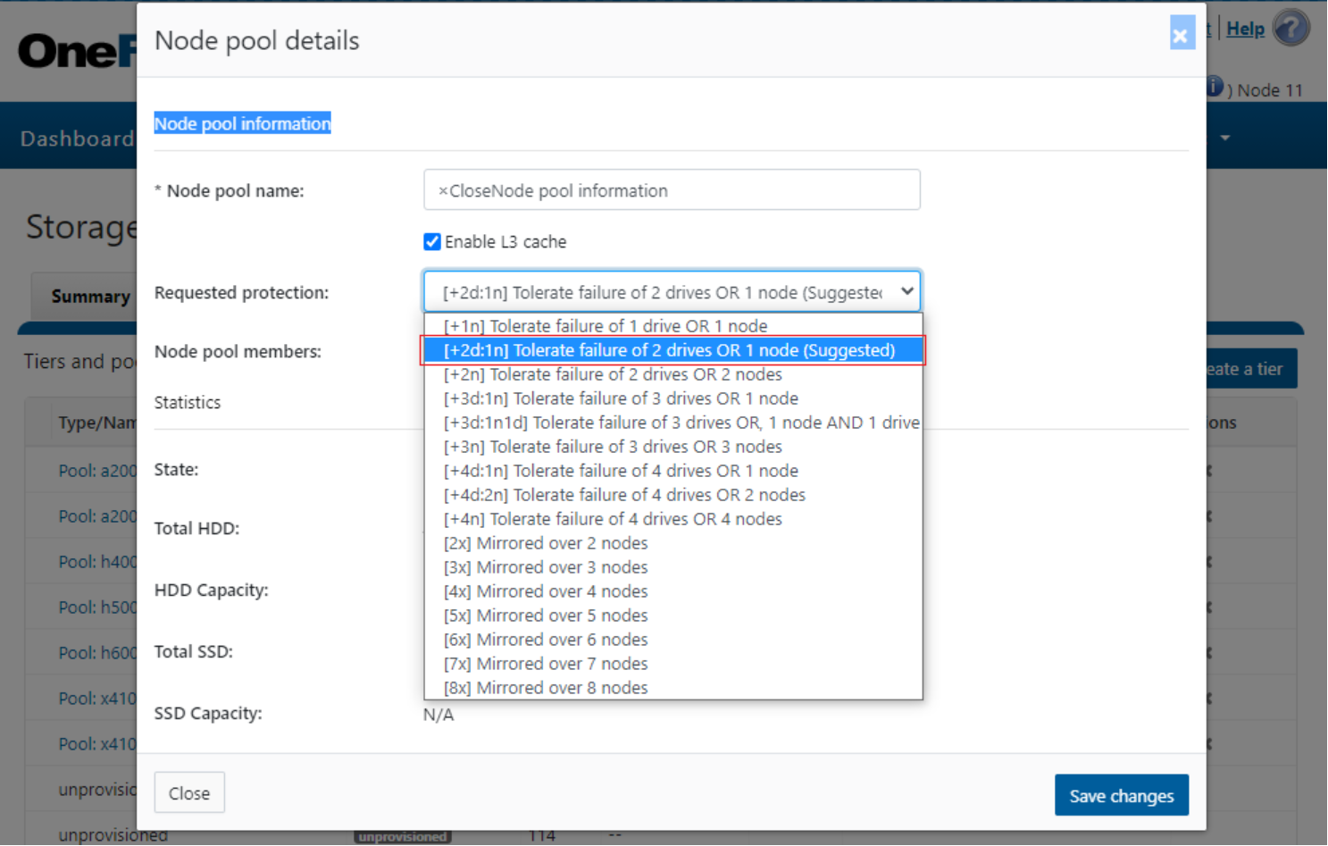 WebUI screenshot showing the suggested protection level for a node pool, in this case the ubiquitous +2d:1n. 