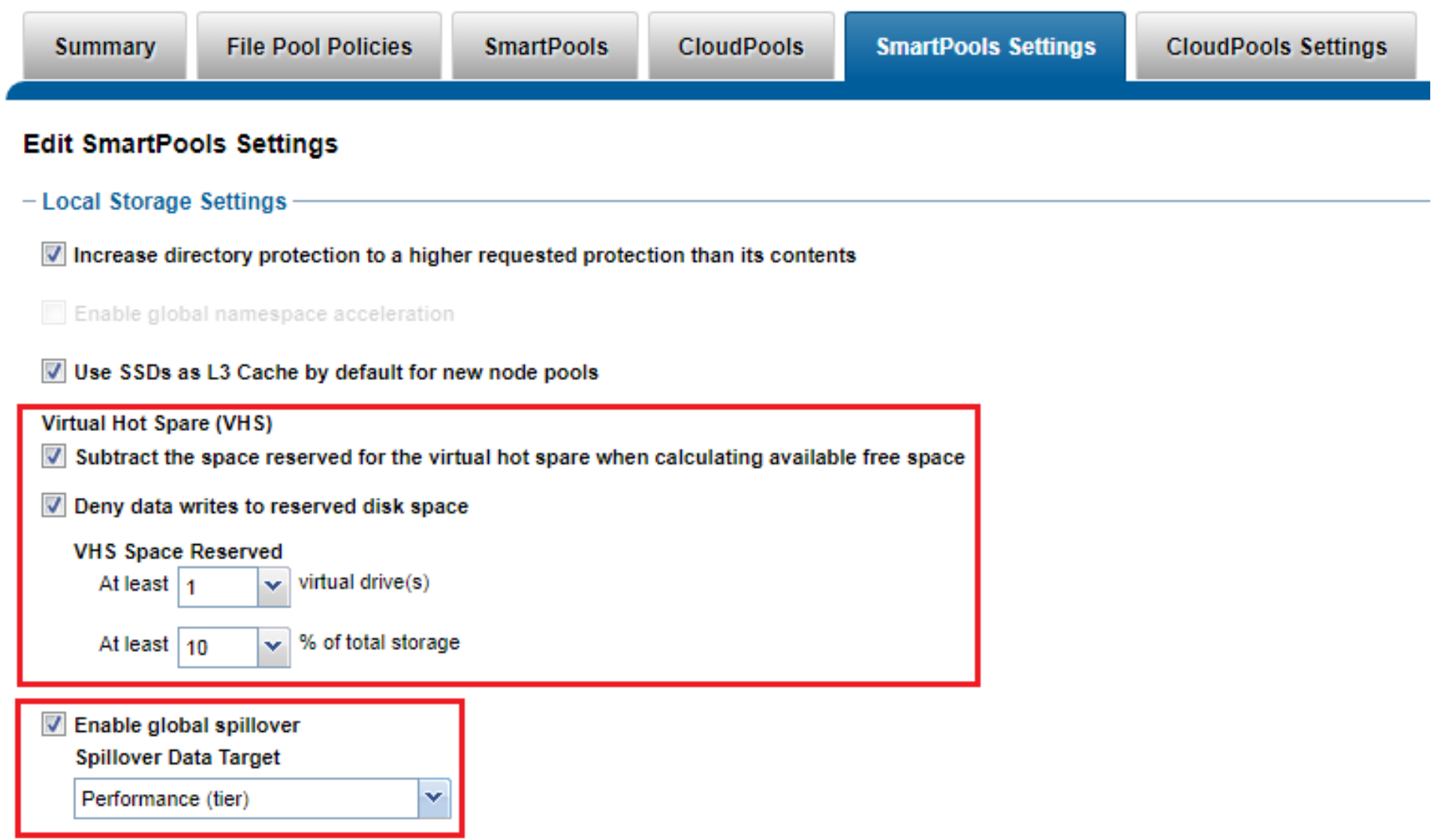 WebUI screenshot showing the SmartPools settings for configuring virtual hot space (VHS) and global spillover.