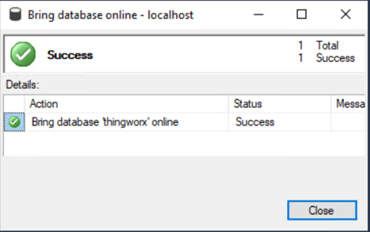 Database brought online successfully
