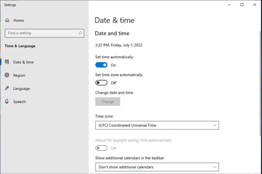 Configure date and time settings of Windows operating system