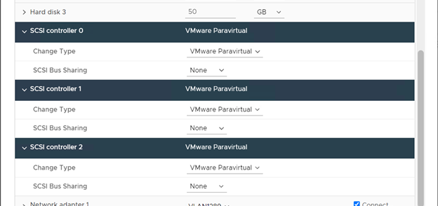 VM configuration changes to add new VMware para virtualized SCSI controllers