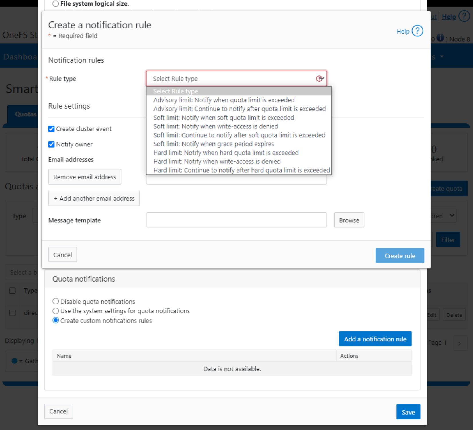 WebUI screenshot showing quota notification configuration.