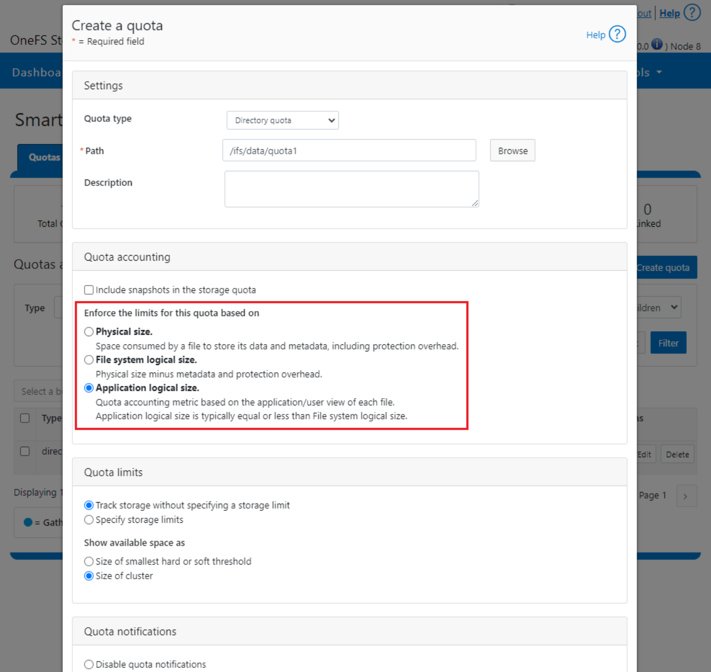 WebUI screenshot showing quota configuration accounting options.