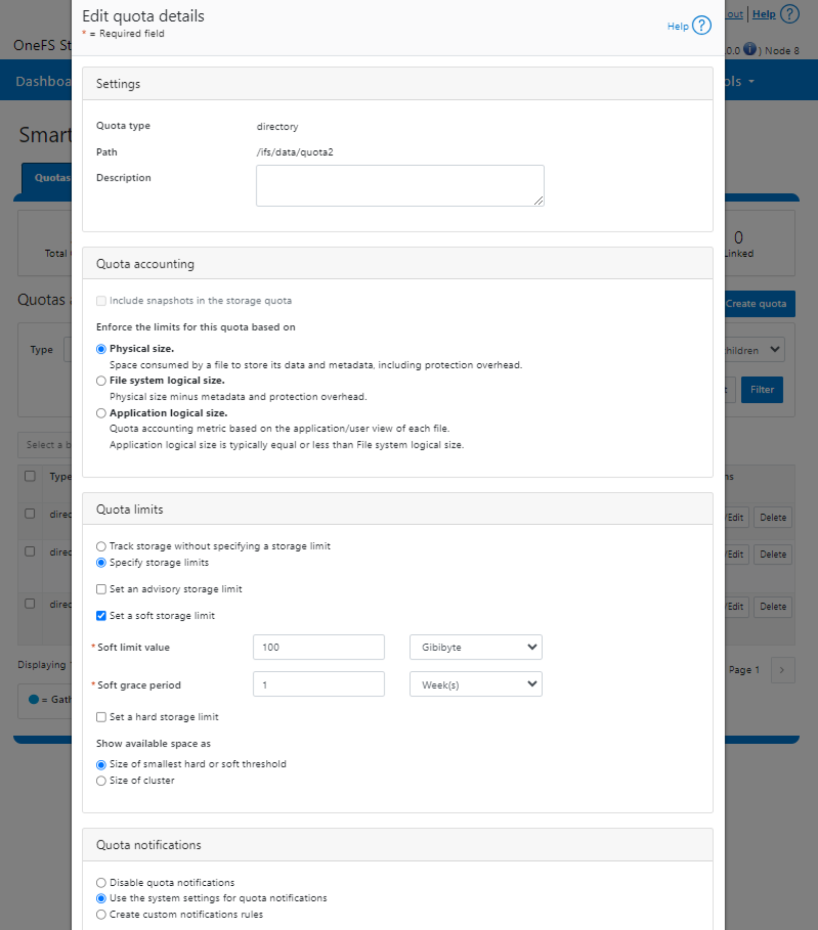 WebUI screenshot showing details of a configured quota.