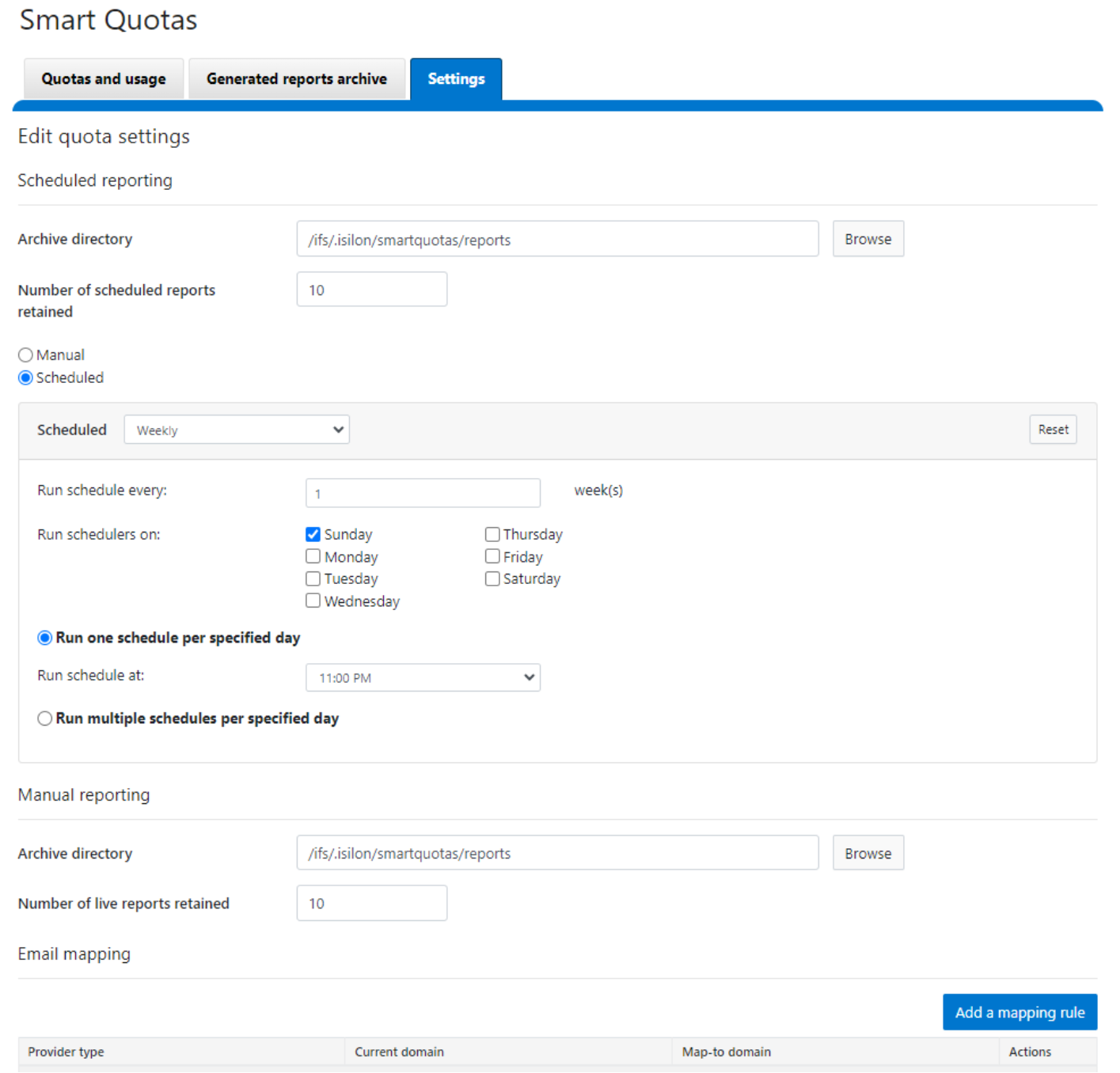 WebUI screenshot showing quota report configuration.