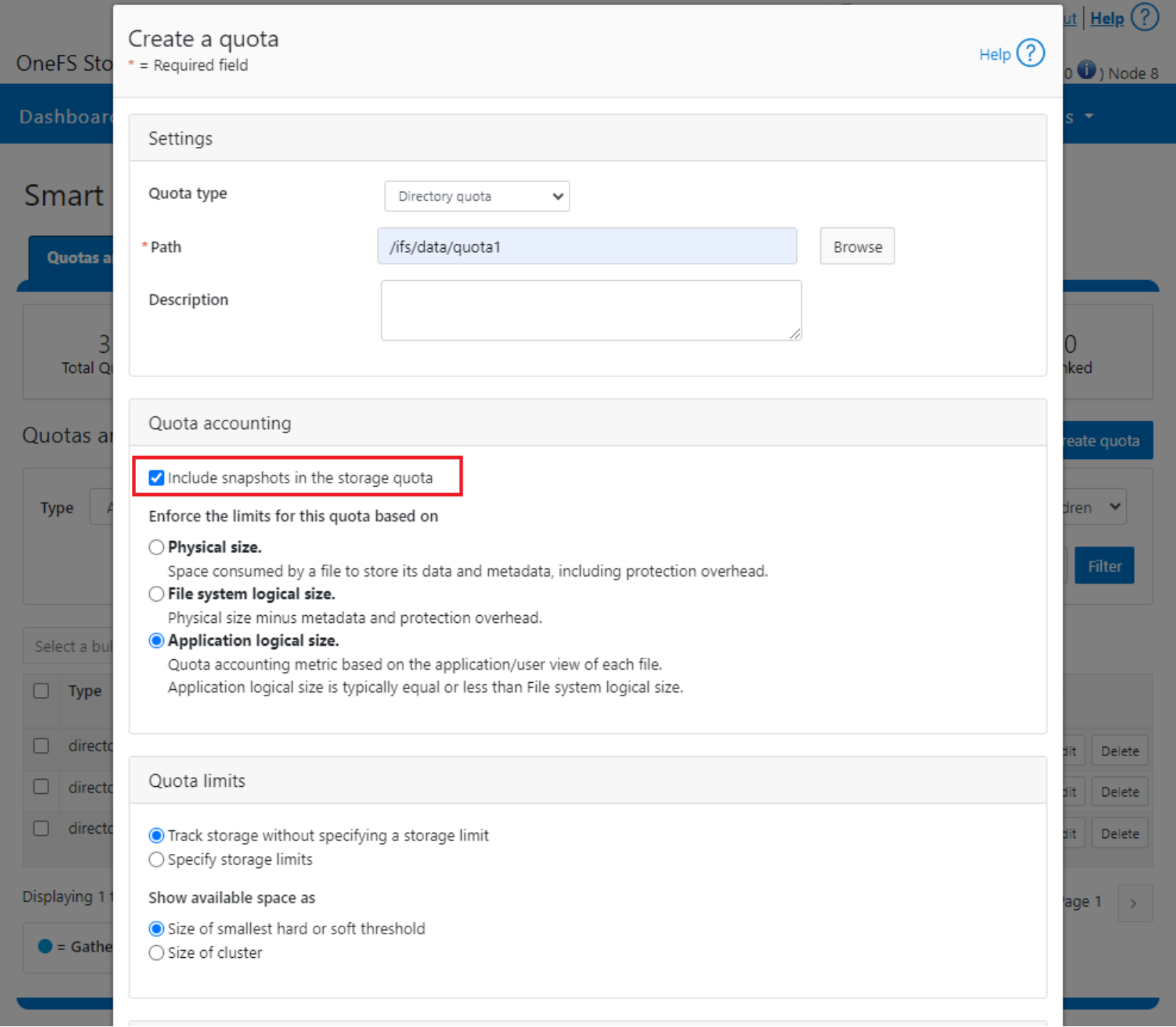 WebUI screenshot showing quota snapshot reporting configuration.