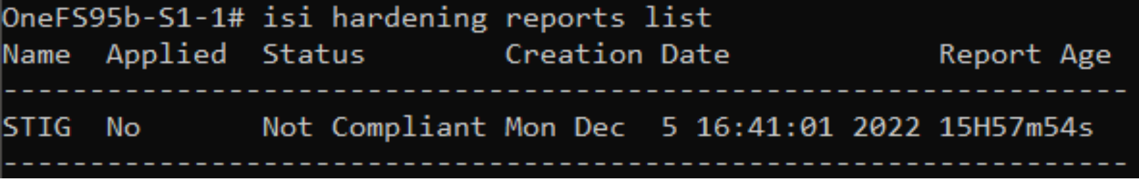 A figure illustrating the CLI output of the hardening reports.