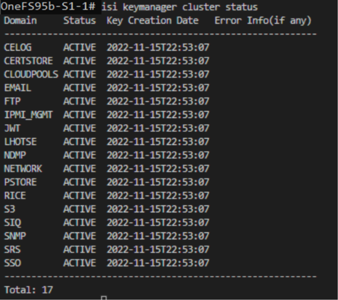 A figure illustrating the CLI output of isi keymanager cluster status