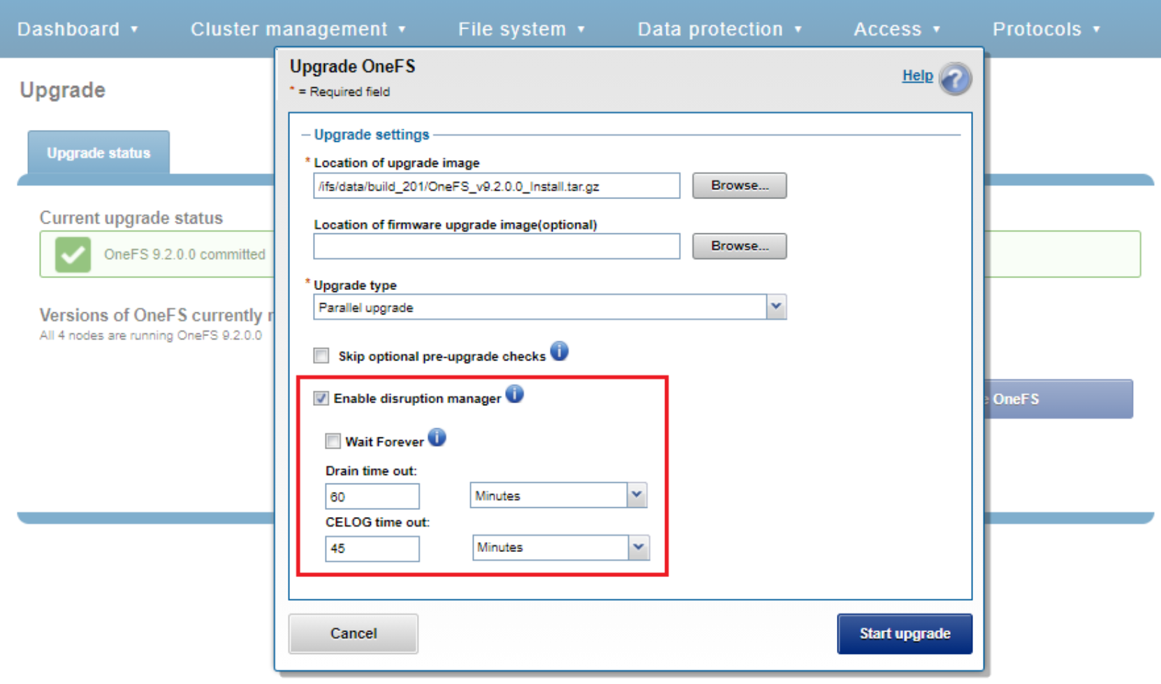 WebUI screenshot showing OneFS parallel upgrade disruption manager configuration.