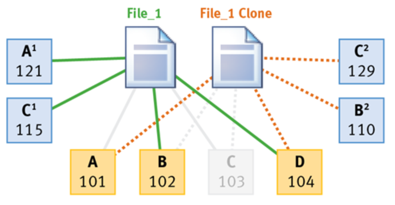 Graphic showing block sharing via shadow stores in OneFS file cloning.