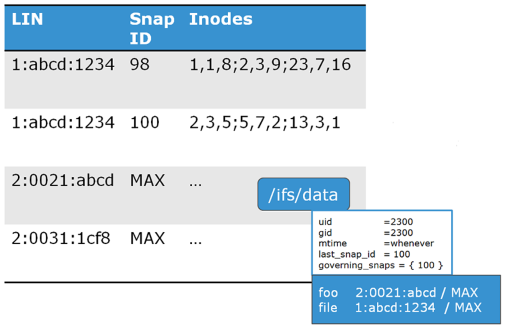 Graphic providing an example of a LIN table with entries including LIN, SnapID, and Inodes.