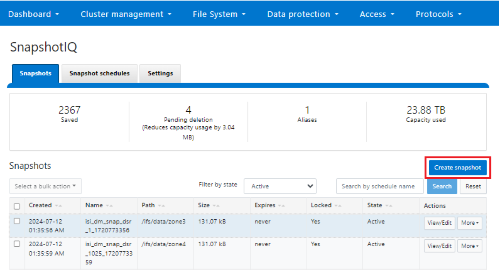 Screenshot showing creating an on-demand snapshot from the SnapshotIQ WebUI.