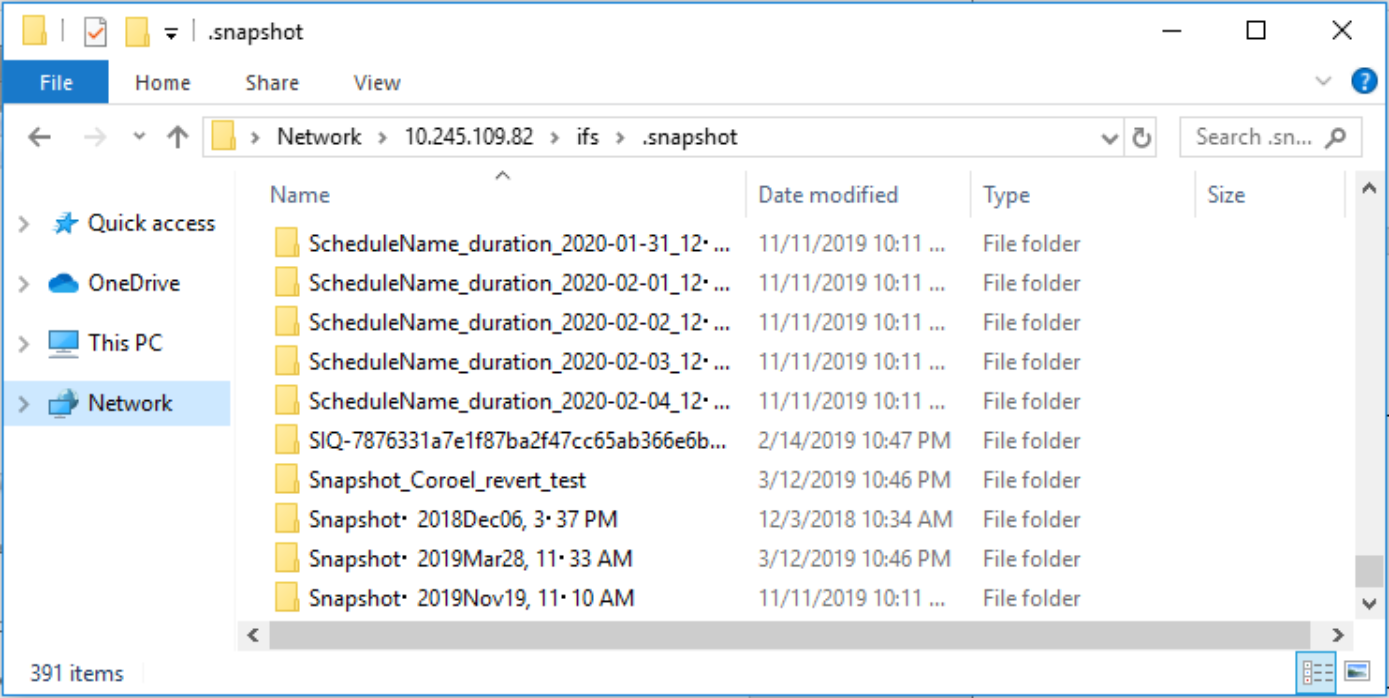 Screenshot showing accessing snapshots from the '.snapshot' portal using the Windows file explorer GUI.