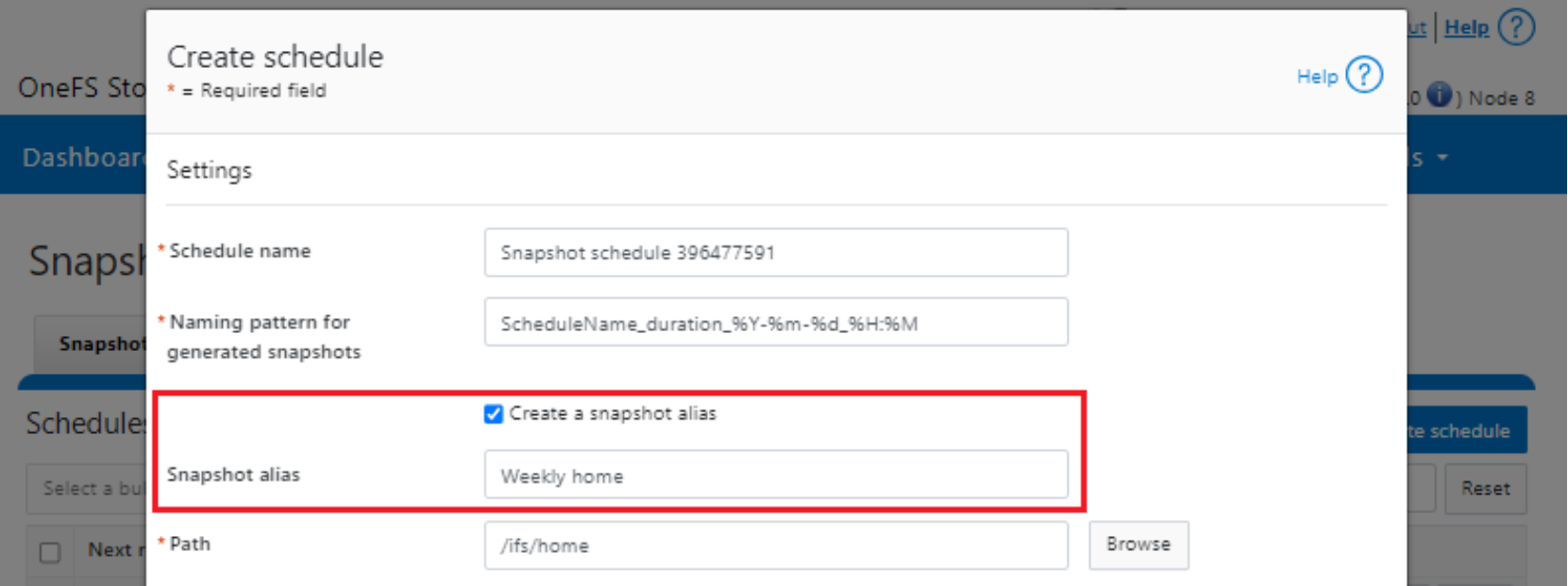 Screenshot showing creating a snapshot alias from the SnapshotIQ WebUI.