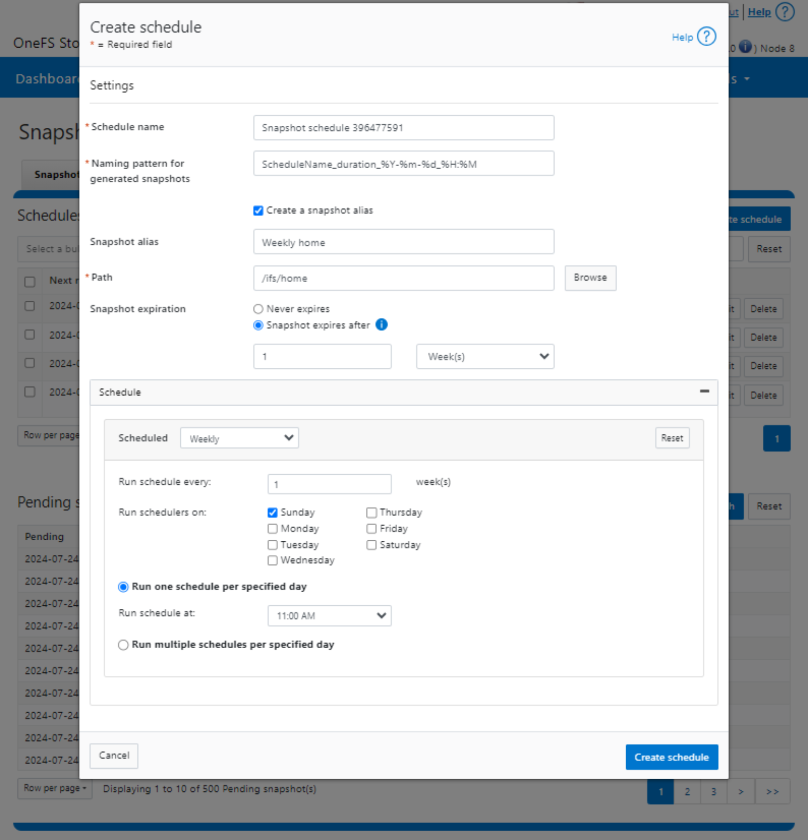 Screenshot showing the configuration of a weekly snapshot schedule from the SnapshotIQ WebUI.