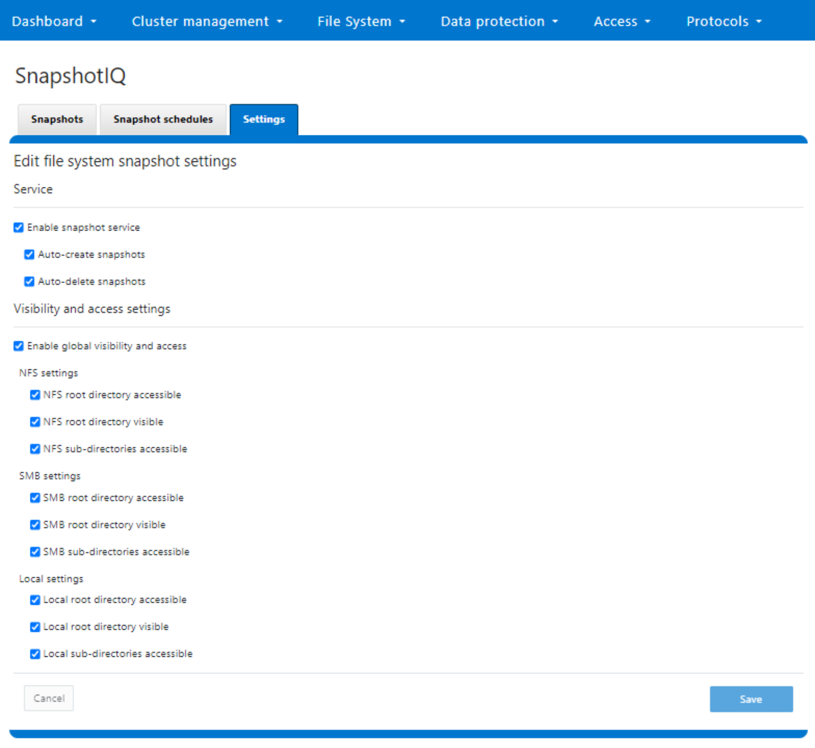 Screenshot showing creating the global snapshot configuration settings from the SnapshotIQ WebUI.