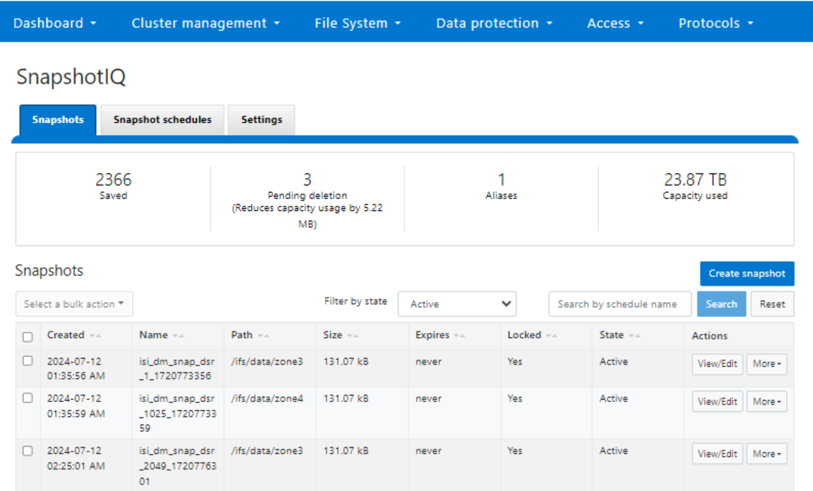 Screenshot showing created snapshots and additional information from the SnapshotIQ WebUI.